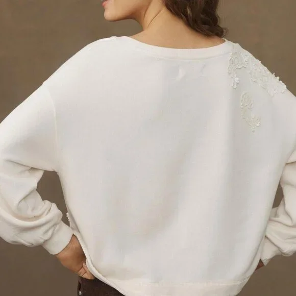 By Anthropologie Crochet Appliqué Pullover Top Oversized Cotton Lace S 272128 Blouses